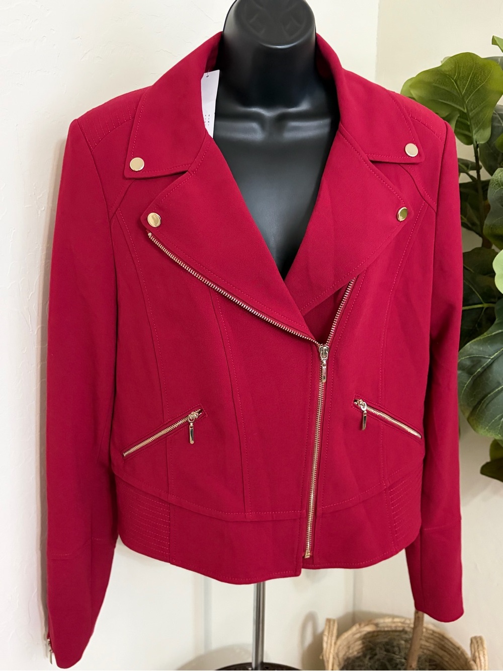 Women's Red Moto Jacket - Classic Asymmetrical Zip